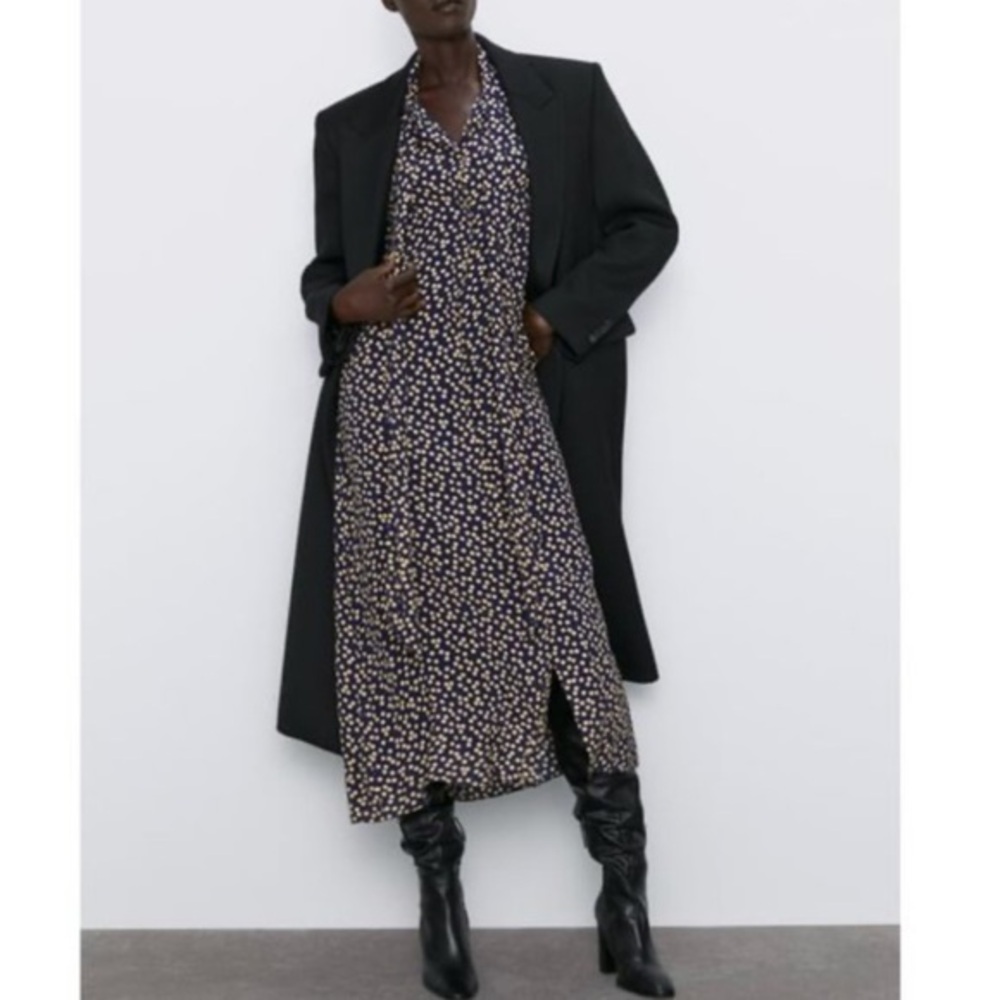 Zara Button Midi Dress Navy with Yellow Polka Dots Tie Neck Size Small